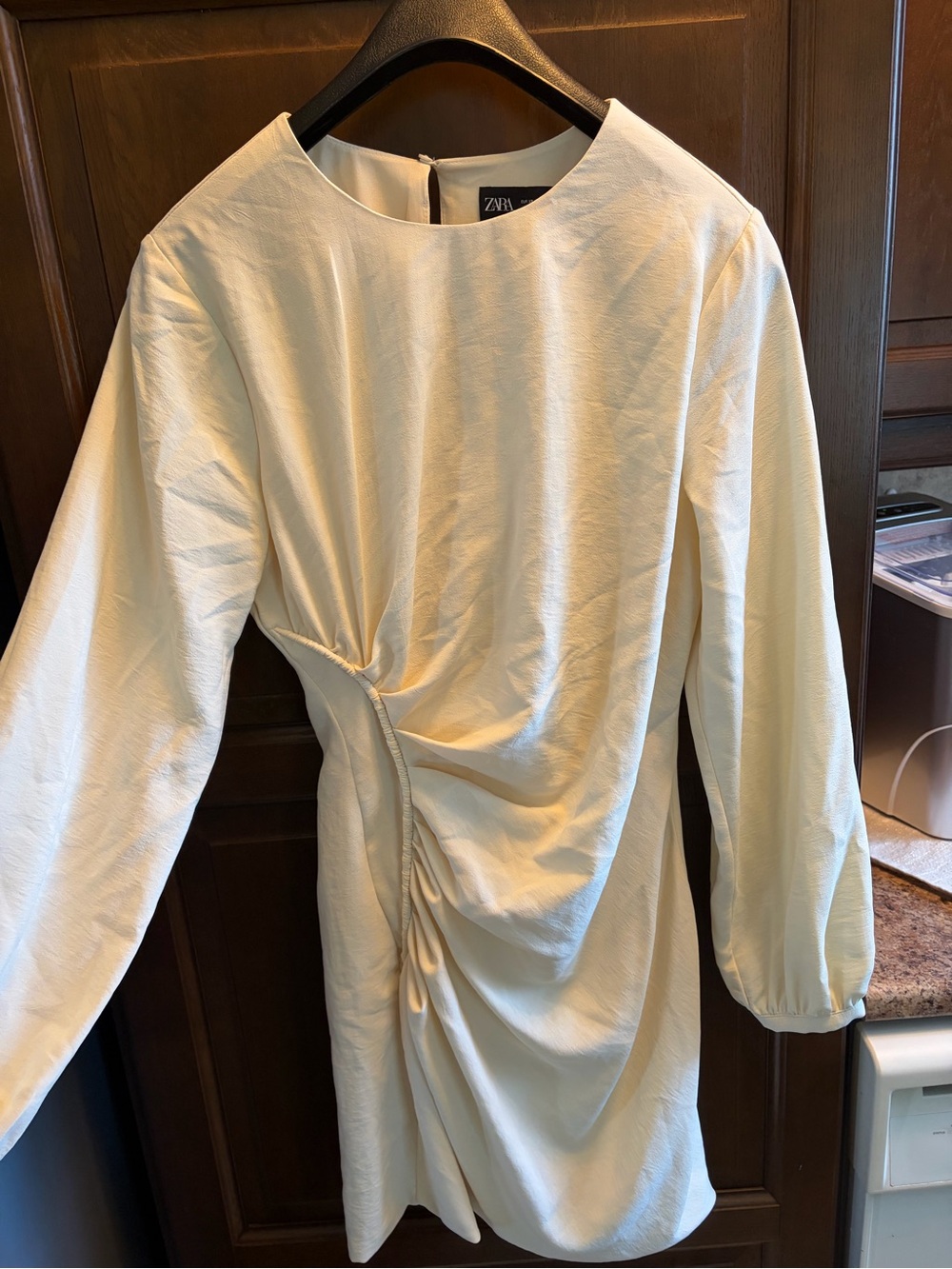 Zara Cream Draped Long-Sleeve Mini Dress